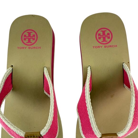 Tory Burch Wilhelm Pink Tan Wedge Flip Flops Platform Sandals Women's 8M - Picture 6 of 11